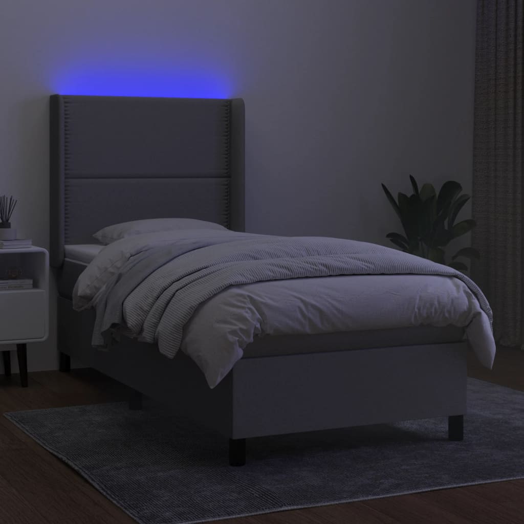 Cama box spring c/ colchão e LED 90x190 cm tecido cinza-claro