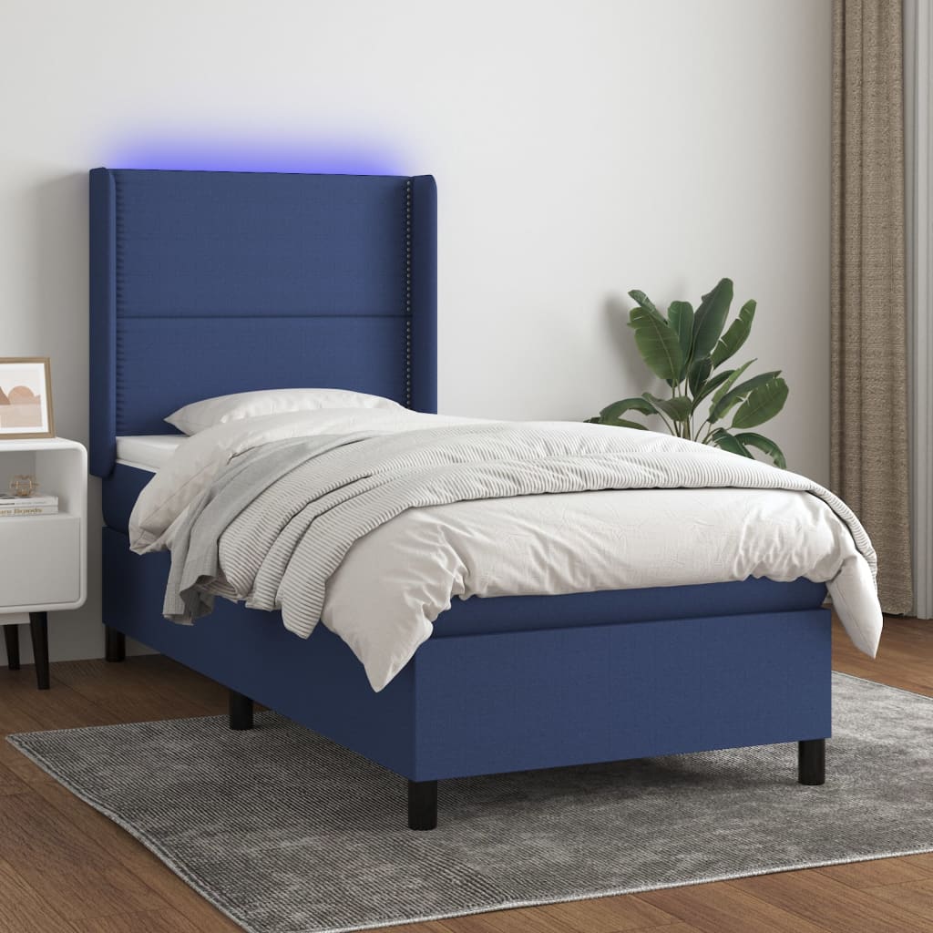 Cama box spring c/ colchão e LED 90x190 cm tecido azul