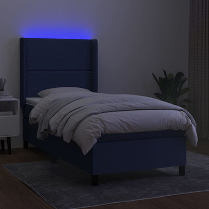 Cama box spring c/ colchão e LED 90x200 cm tecido azul