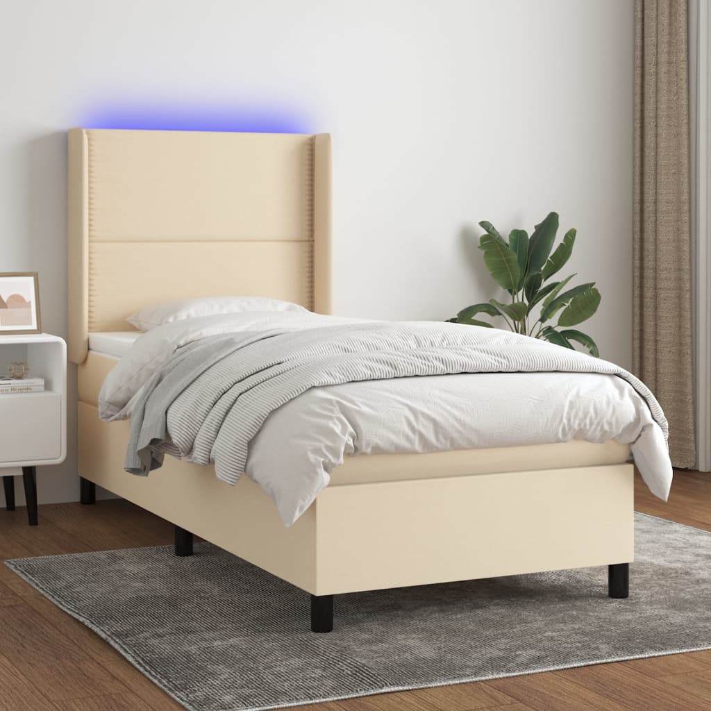 Cama box spring c/ colchão e LED 100x200 cm tecido cor creme