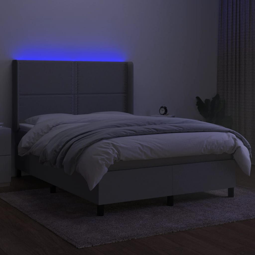 Cama box spring c/ colchão e LED 140x190 cm tecido cinza-claro