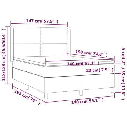 Cama box spring c/ colchão e LED 140x190 cm tecido cinza-claro