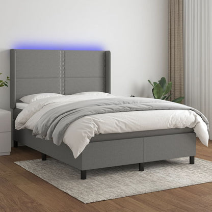 Cama box spring c/ colchão e LED 140x200 cm tecido cinza-escuro