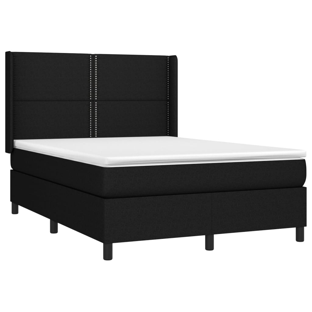 Cama box spring c/ colchão e LED 140x200 cm tecido preto