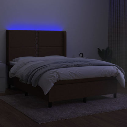 Cama box spring c/ colchão/LED 140x200cm tecido castanho-escuro