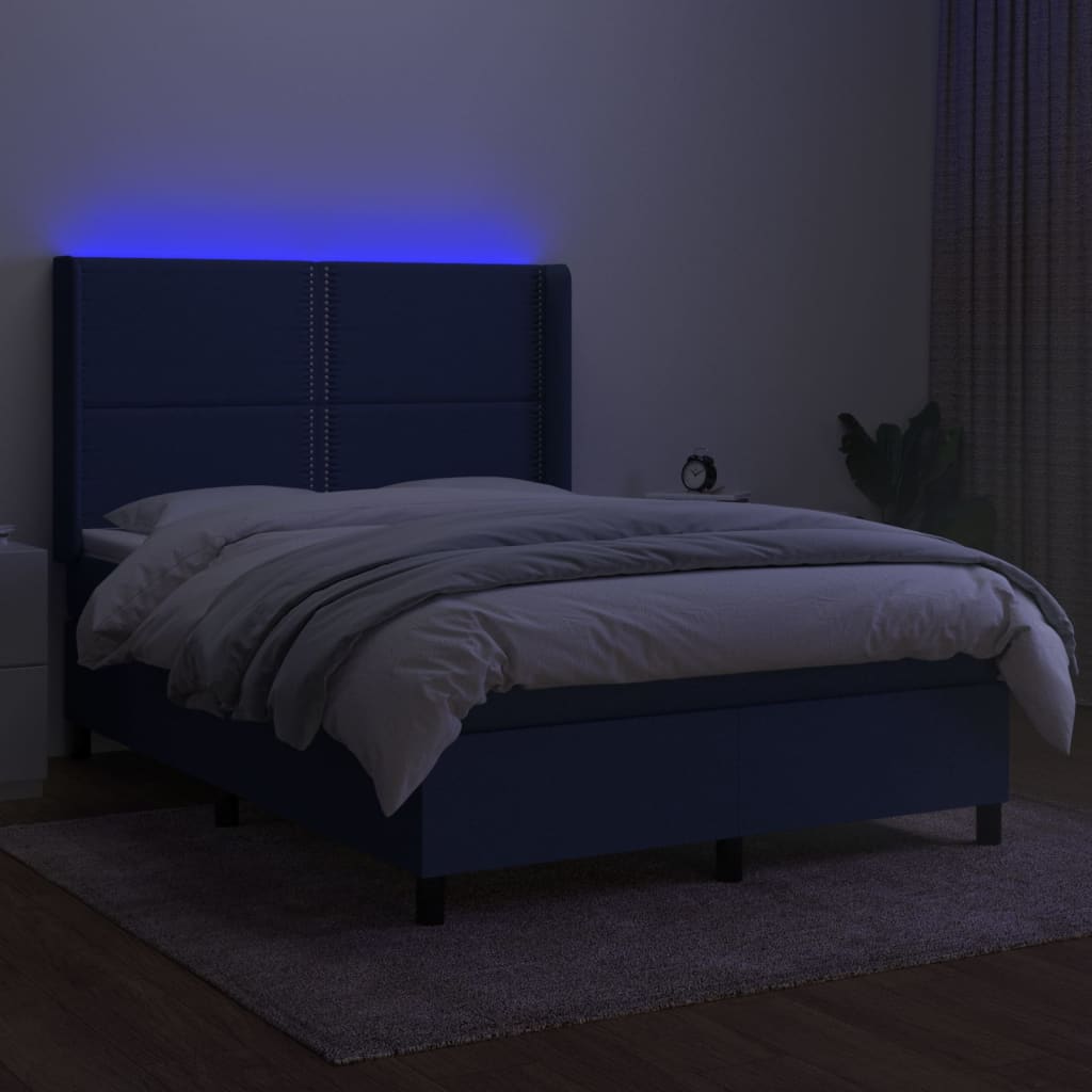 Cama box spring c/ colchão e LED 140x200 cm tecido azul