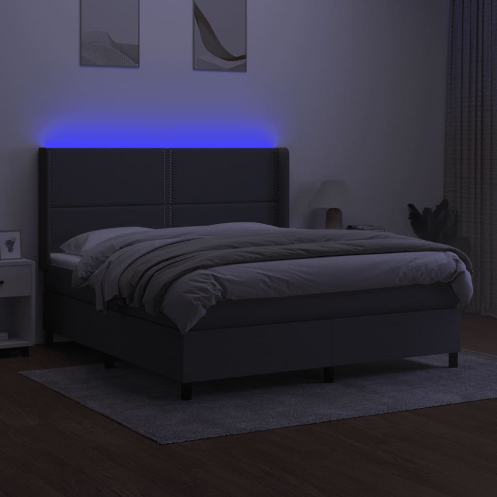 Cama box spring c/ colchão e LED 160x200 cm tecido cinza-escuro