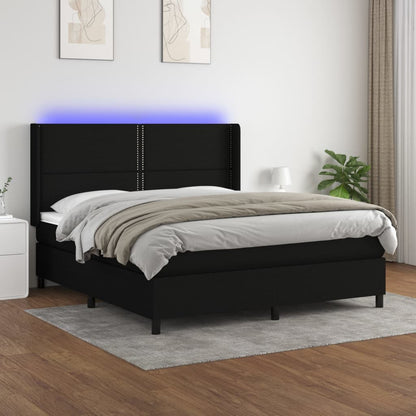 Cama box spring c/ colchão e LED 160x200 cm tecido preto