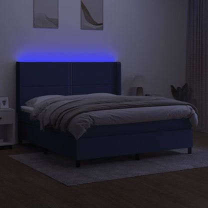 Cama box spring c/ colchão e LED 160x200 cm tecido azul