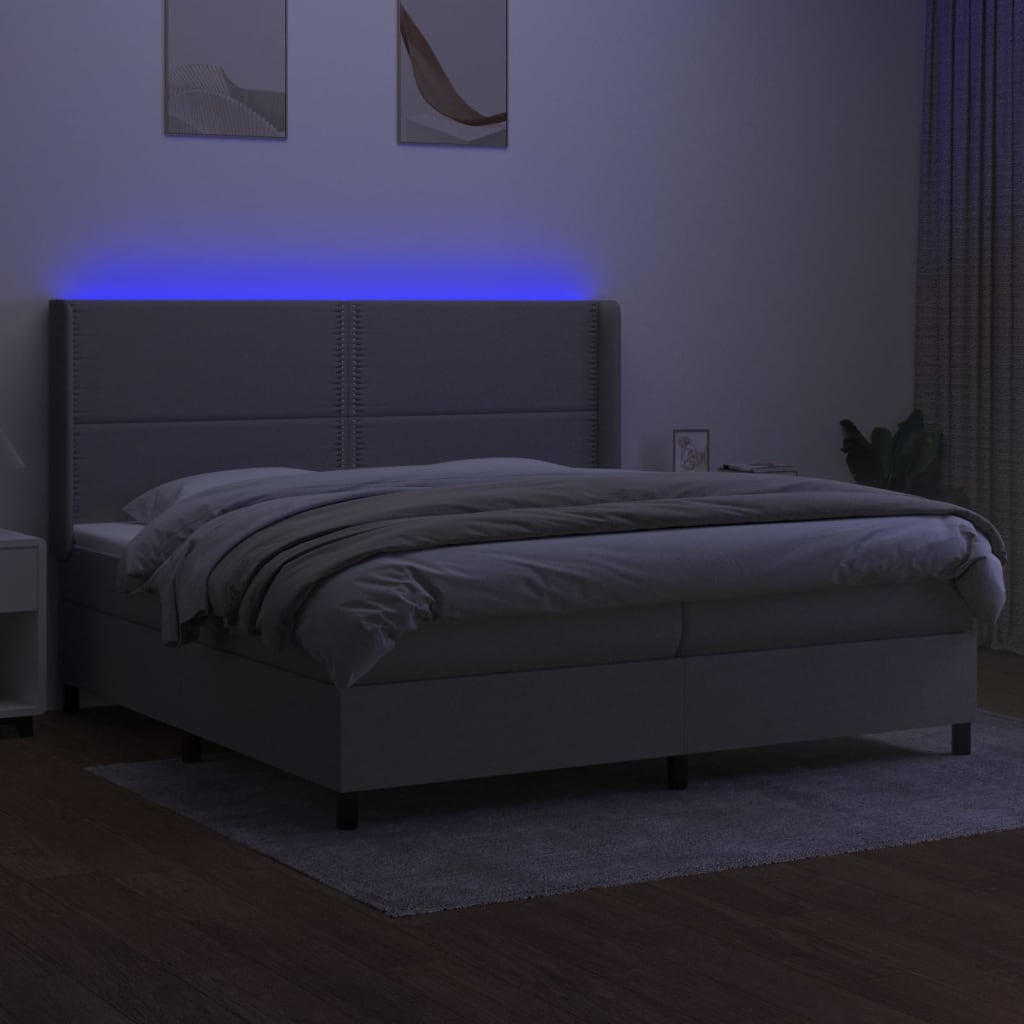 Cama box spring c/ colchão e LED 200x200 cm tecido cinza-claro