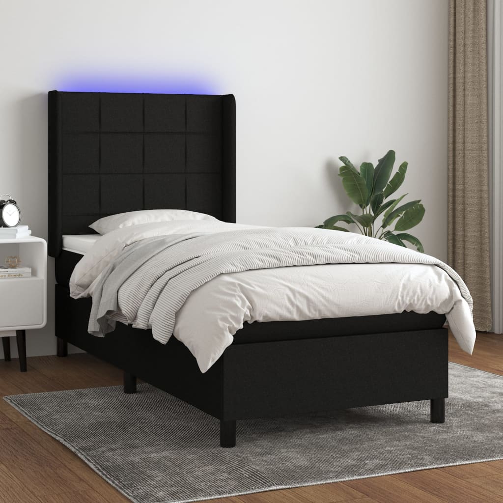 Cama box spring c/ colchão e LED 80x200 cm tecido preto