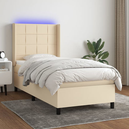 Cama box spring c/ colchão e LED 90x190 cm tecido cor creme