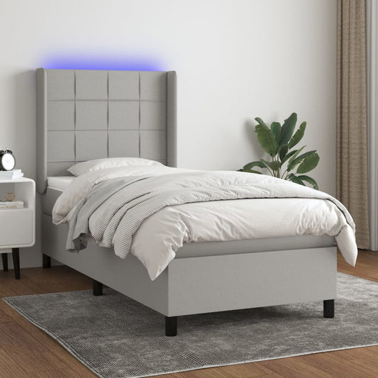 Cama box spring c/ colchão e LED 90x200 cm tecido cinza-claro