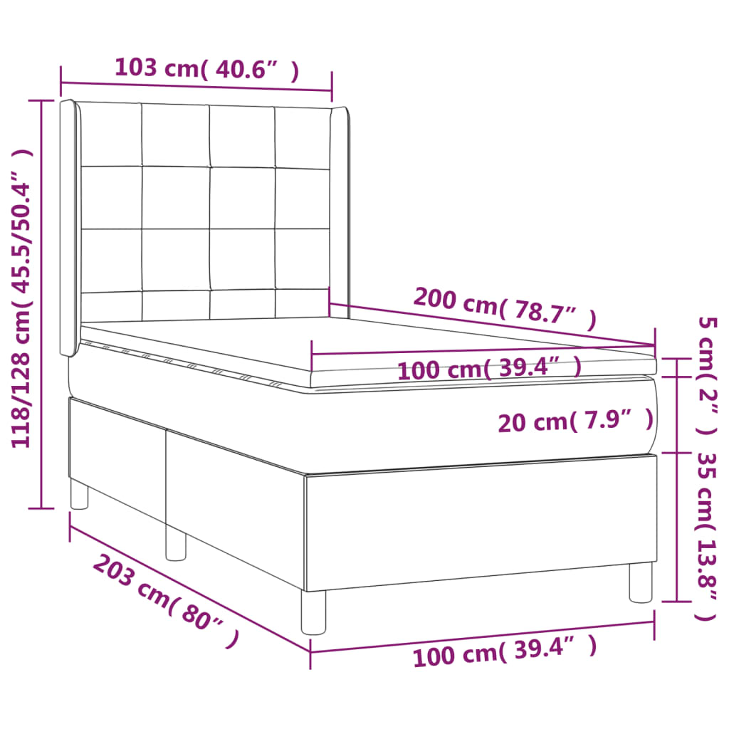 Cama box spring colchão/LED 100x200cm tecido cinza-acastanhado