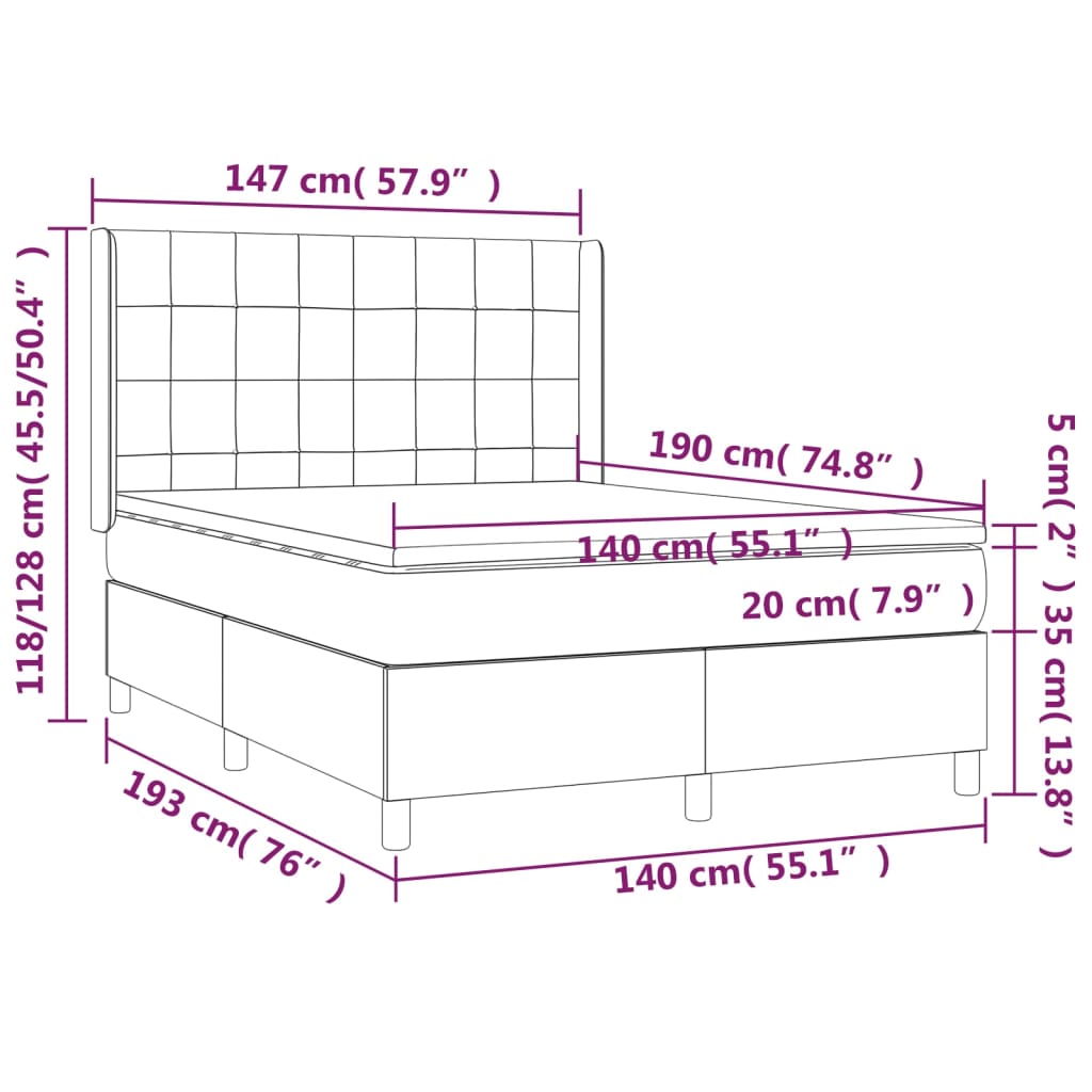 Cama box spring c/ colchão/LED 140x190cm tecido castanho-escuro