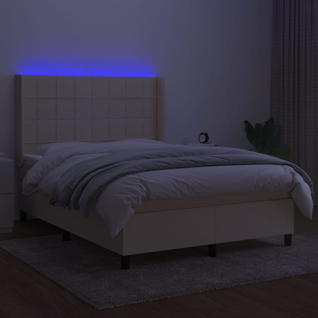 Cama box spring c/ colchão e LED 140x190 cm tecido cor creme