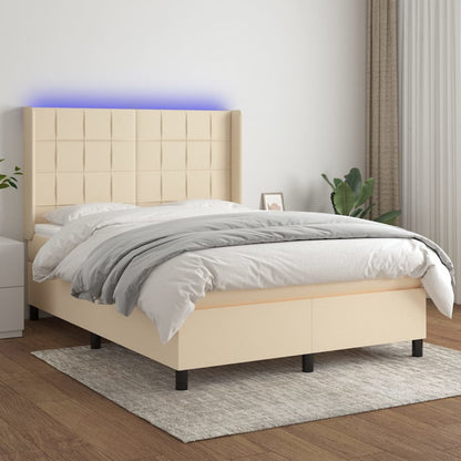 Cama box spring c/ colchão e LED 140x190 cm tecido cor creme