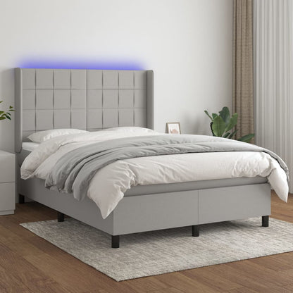 Cama box spring c/ colchão e LED 140x200 cm tecido cinza-claro