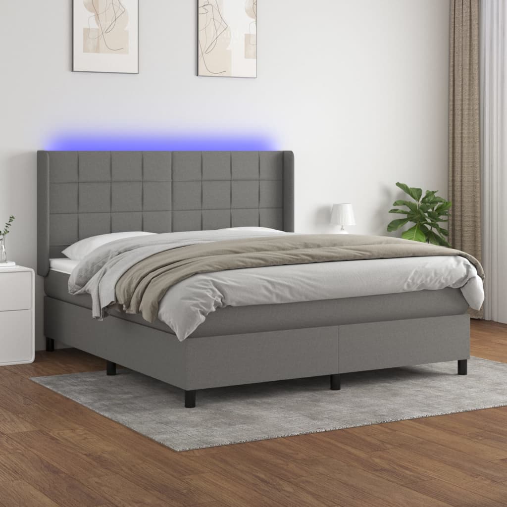 Cama box spring c/ colchão e LED 160x200 cm tecido cinza-escuro