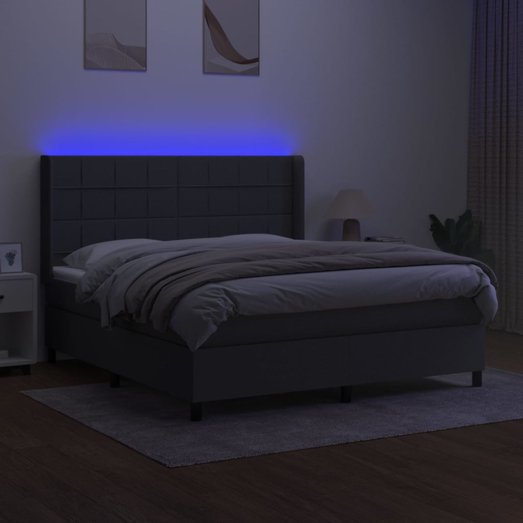 Cama box spring c/ colchão e LED 180x200 cm tecido cinza-escuro