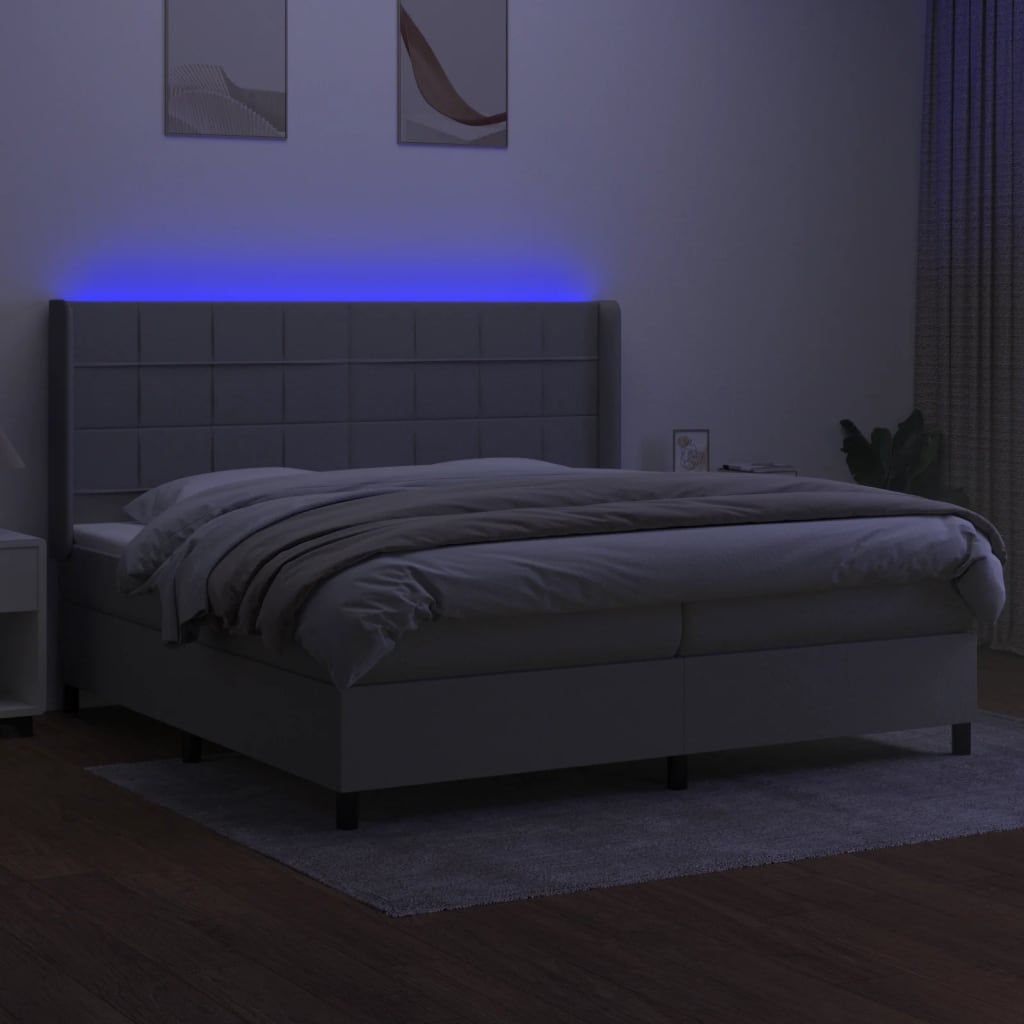 Cama box spring c/ colchão e LED 200x200 cm tecido cinza-claro