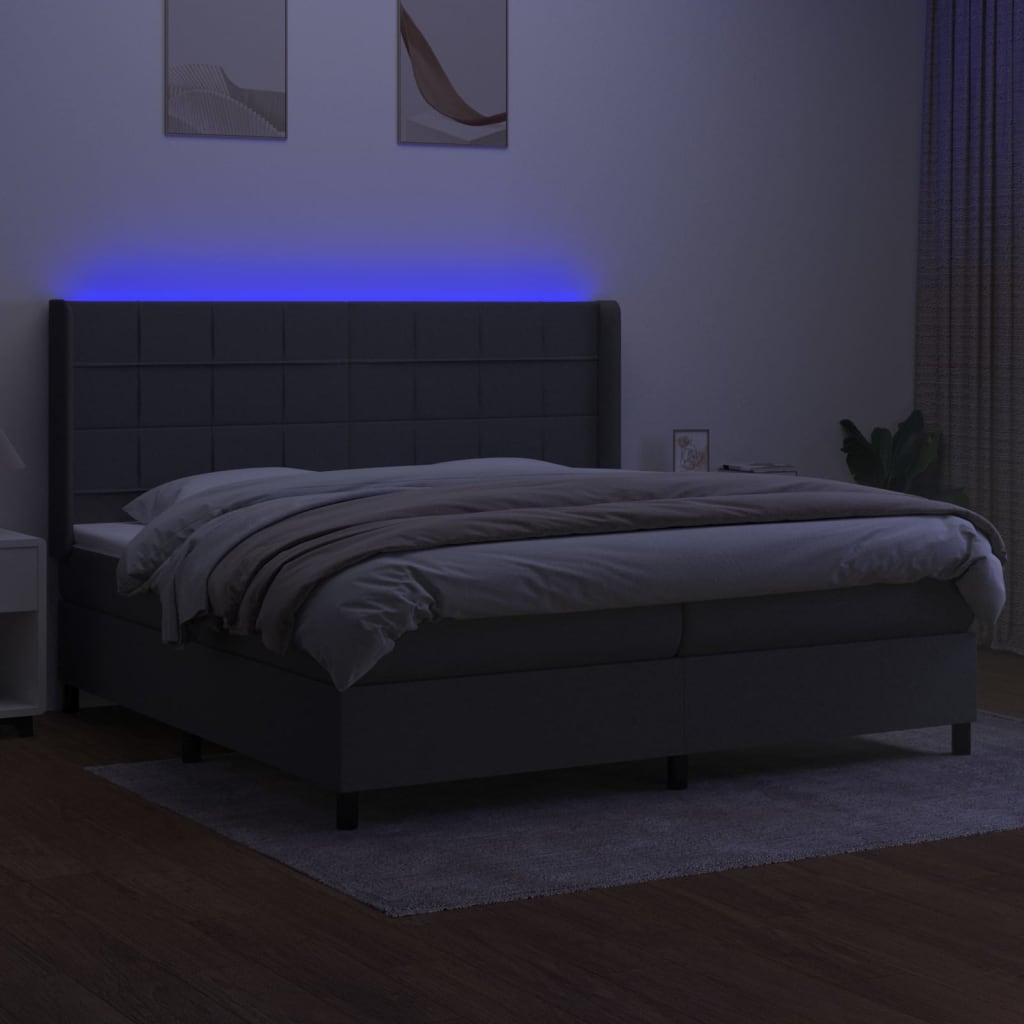 Cama box spring c/ colchão e LED 200x200 cm tecido cinza-escuro