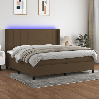 Cama box spring c/ colchão/LED 200x200cm tecido castanho-escuro