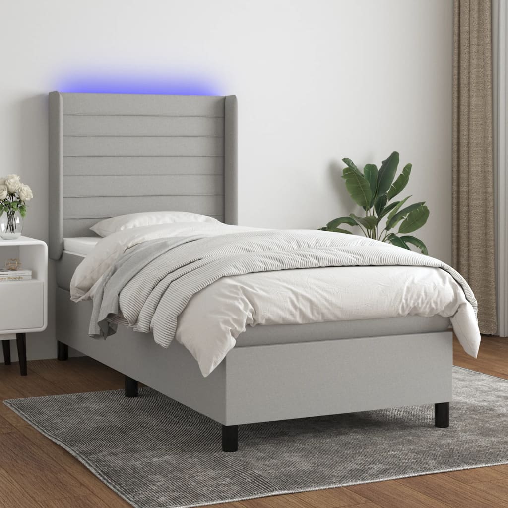 Cama box spring c/ colchão e LED 80x200 cm tecido cinza-claro