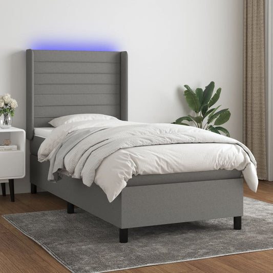 Cama box spring c/ colchão e LED 90x190 cm tecido cinza-escuro