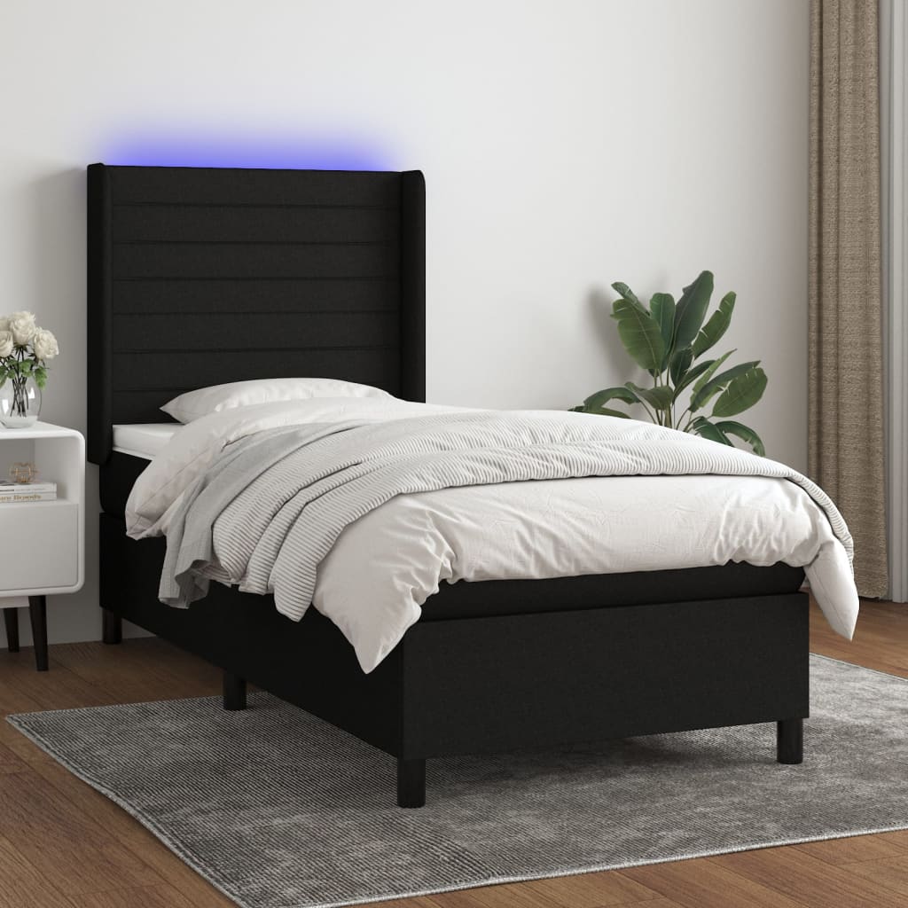 Cama box spring c/ colchão e LED 90x190 cm tecido preto