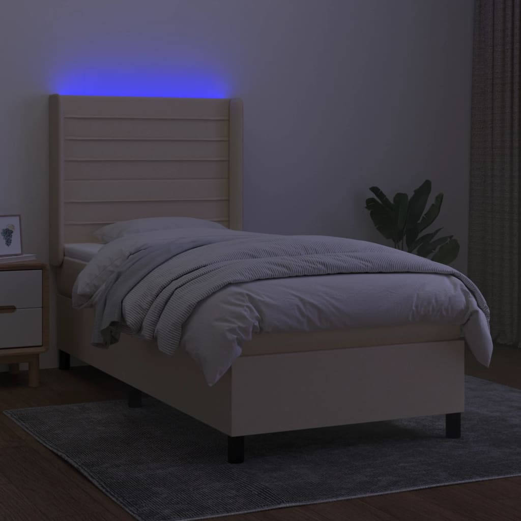 Cama box spring c/ colchão e LED 90x190 cm tecido cor creme