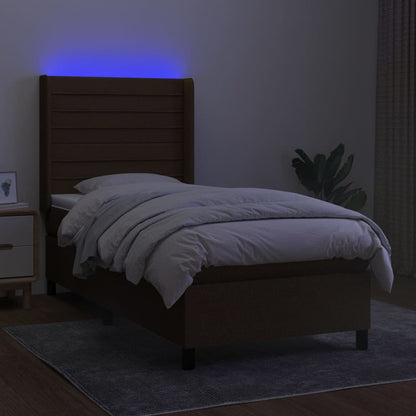 Cama box spring c/ colchão/LED 90x200 cm tecido castanho-escuro