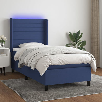 Cama box spring c/ colchão e LED 90x200 cm tecido azul