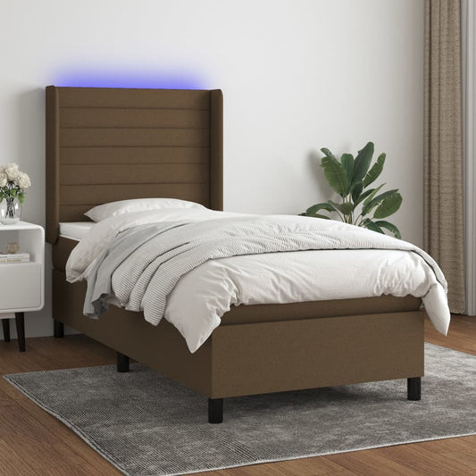 Cama box spring c/ colchão/LED 100x200cm tecido castanho-escuro