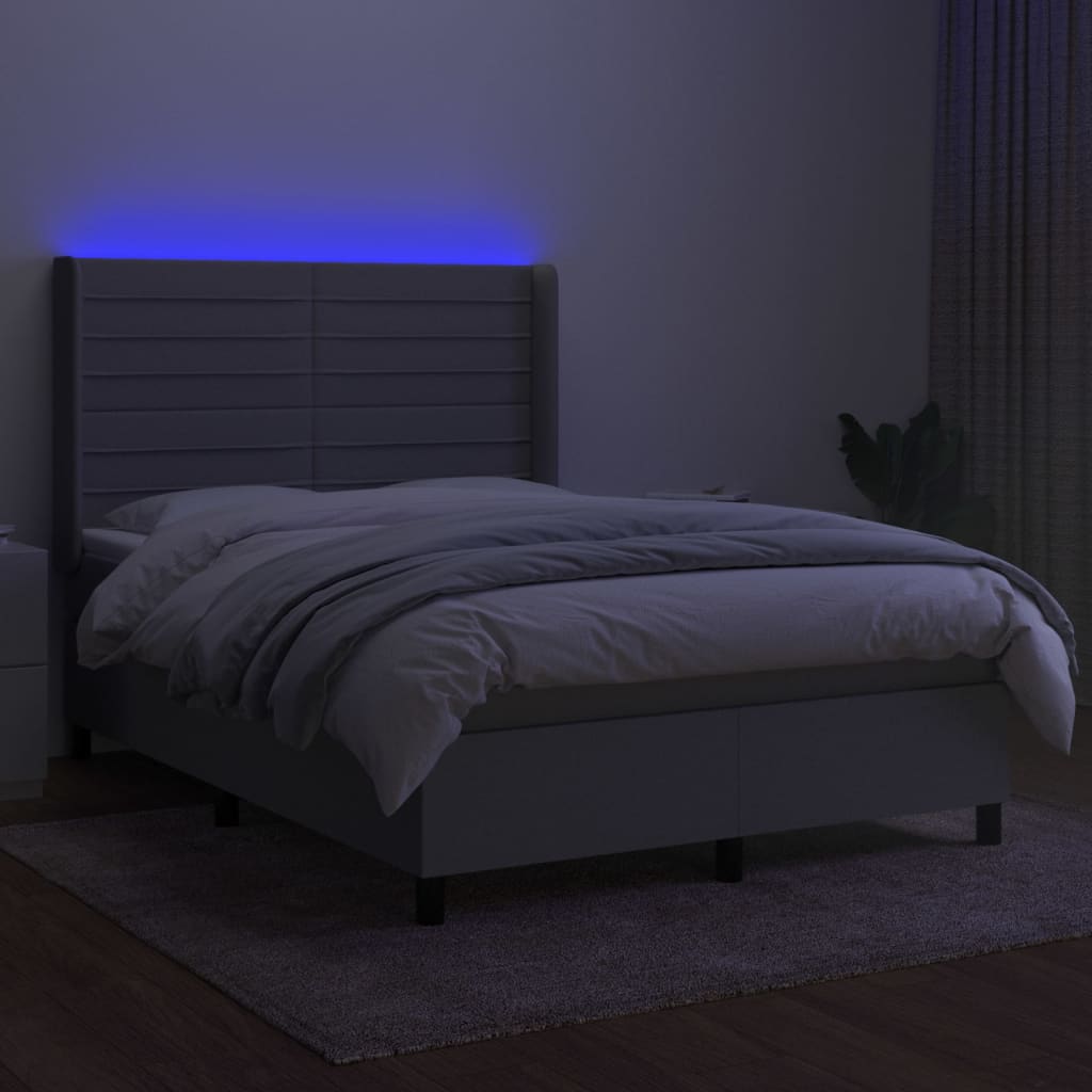 Cama box spring c/ colchão e LED 140x200 cm tecido cinza-claro