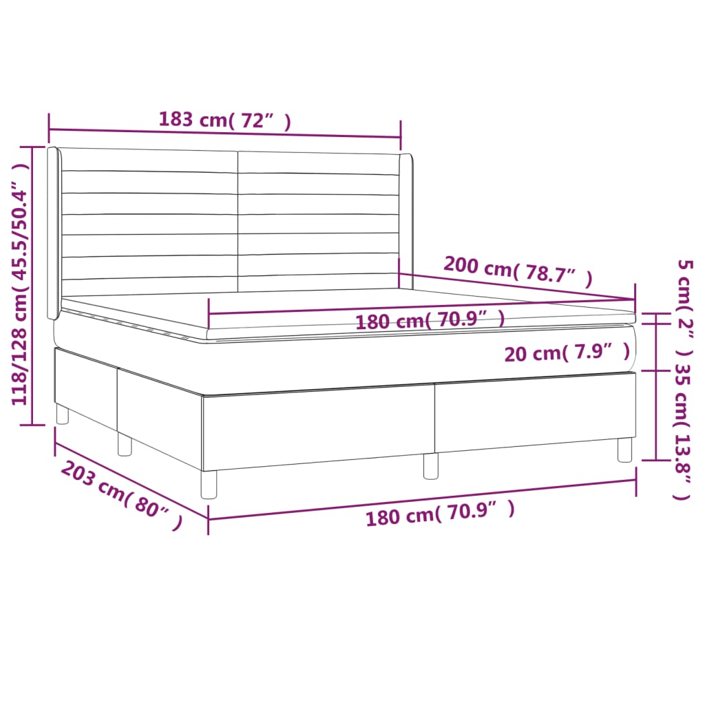 Cama box spring c/ colchão e LED 180x200 cm tecido cinza-claro