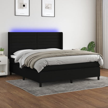 Cama box spring c/ colchão e LED 180x200 cm tecido preto