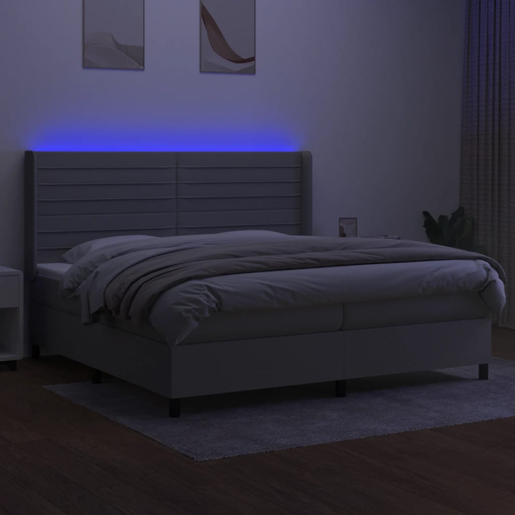 Cama box spring c/ colchão e LED 200x200 cm tecido cinza-claro