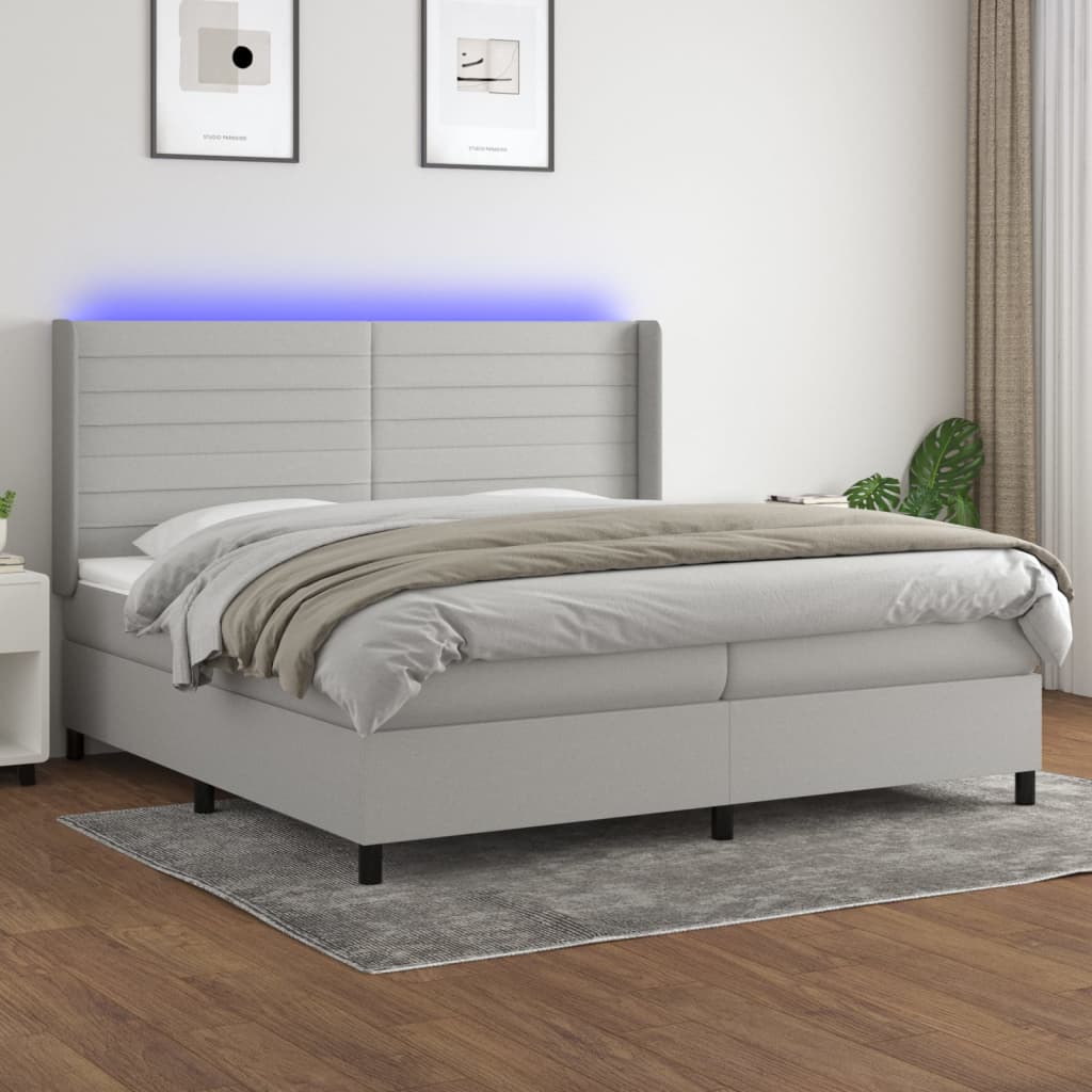 Cama box spring c/ colchão e LED 200x200 cm tecido cinza-claro