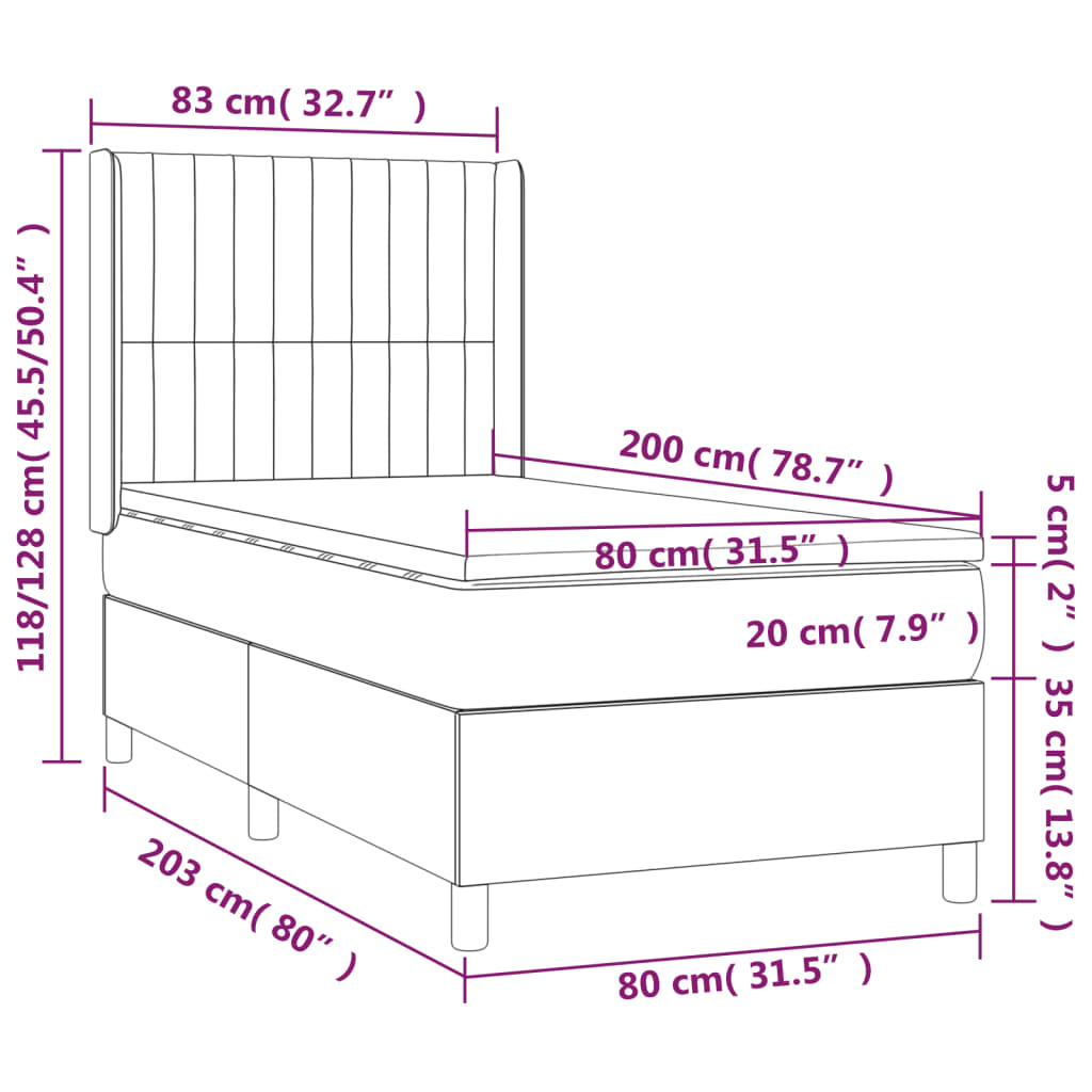 Cama box spring c/ colchão e LED 80x200 cm tecido preto