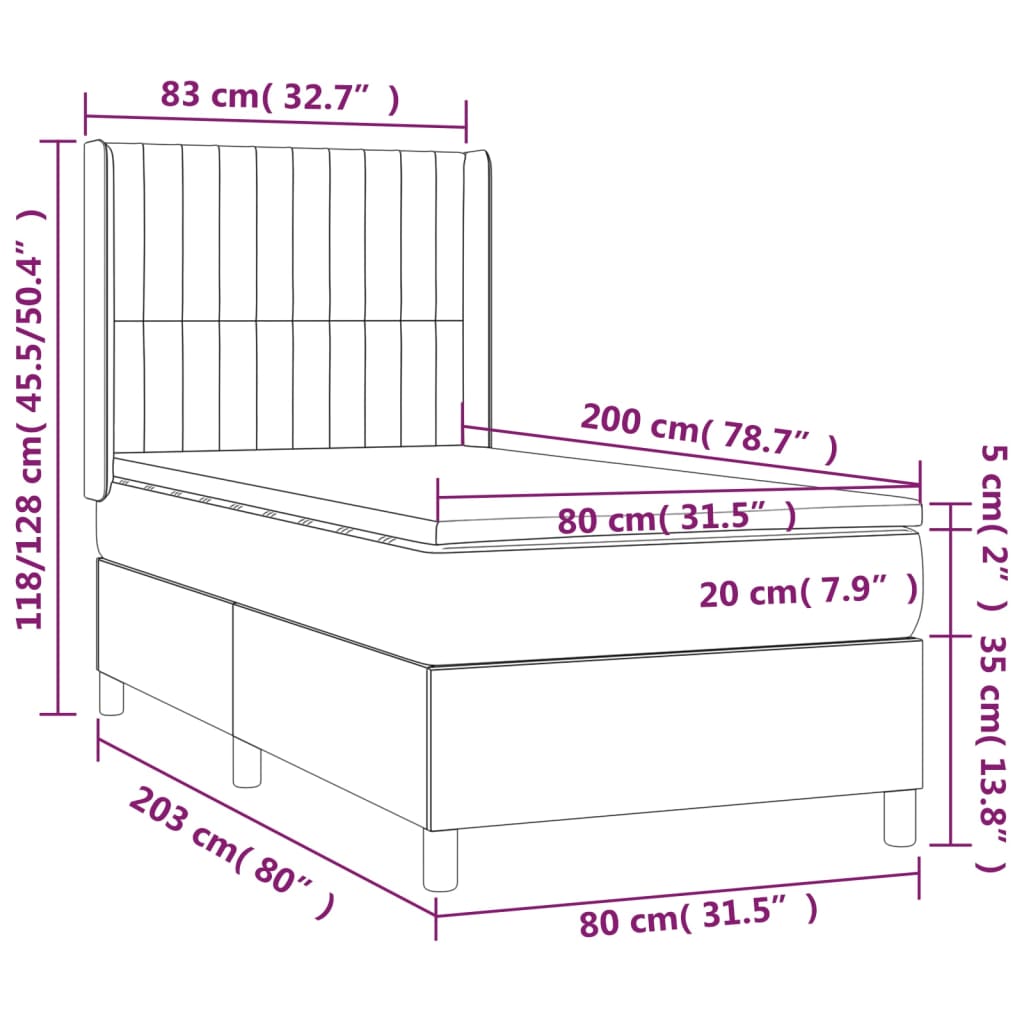 Cama box spring c/ colchão e LED 80x200 cm tecido cor creme