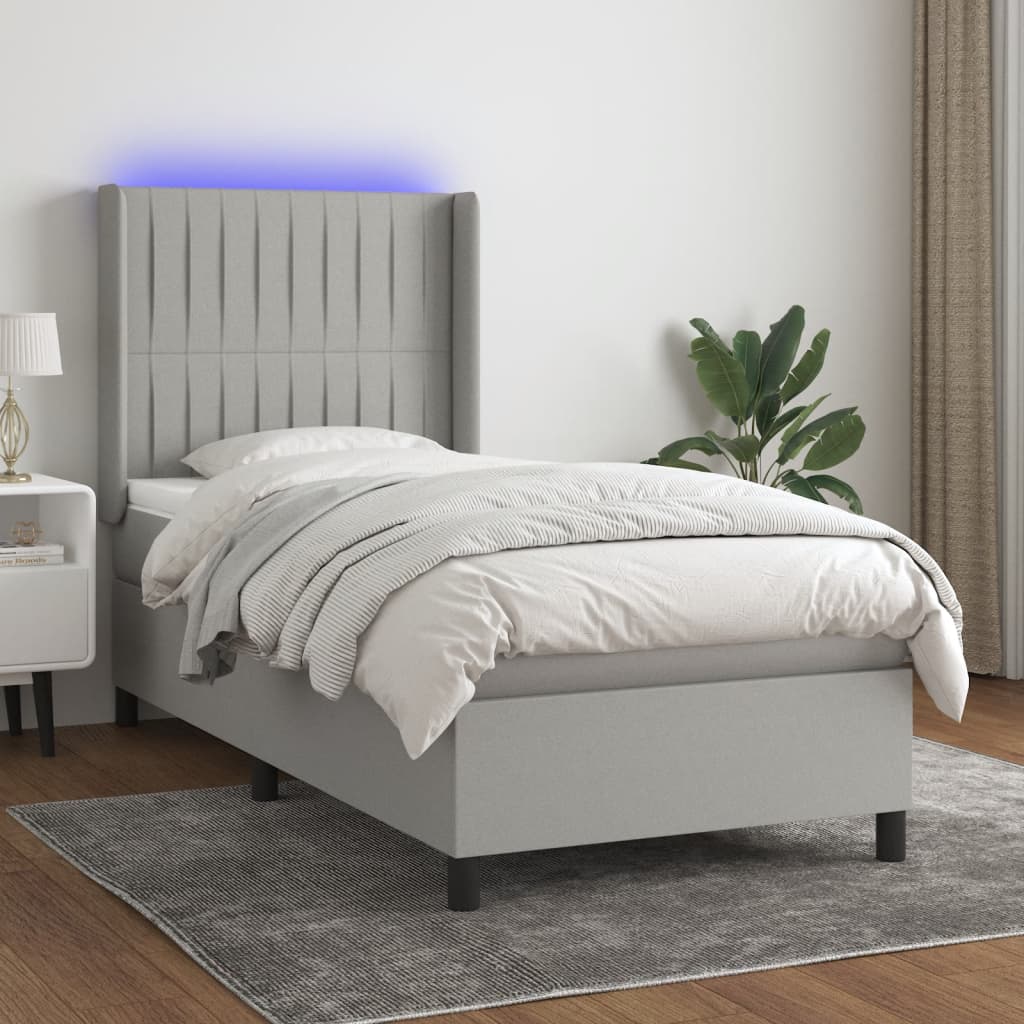 Cama box spring c/ colchão e LED 90x190 cm tecido cinza-claro