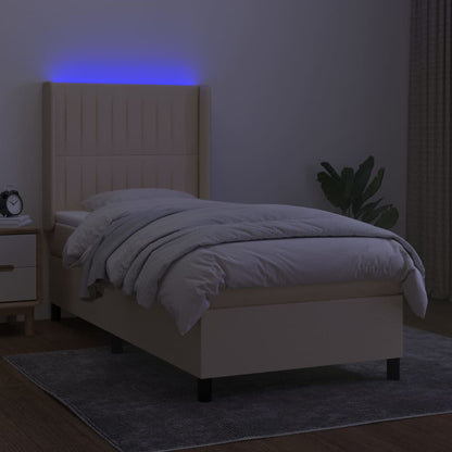 Cama box spring c/ colchão e LED 90x190 cm tecido cor creme