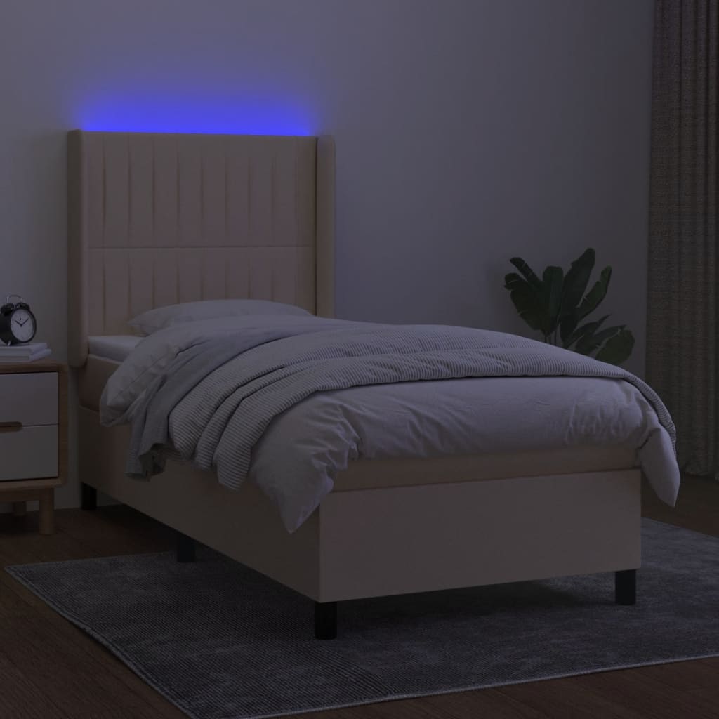 Cama box spring c/ colchão e LED 90x200 cm tecido cor creme