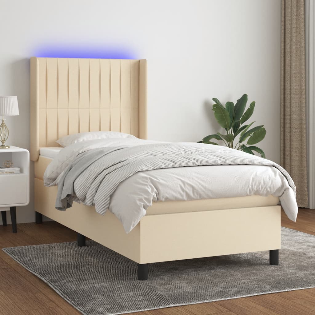 Cama box spring c/ colchão e LED 90x200 cm tecido cor creme