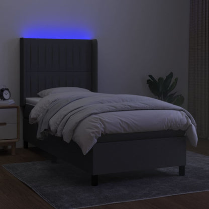 Cama box spring c/ colchão e LED 100x200 cm tecido cinza-escuro