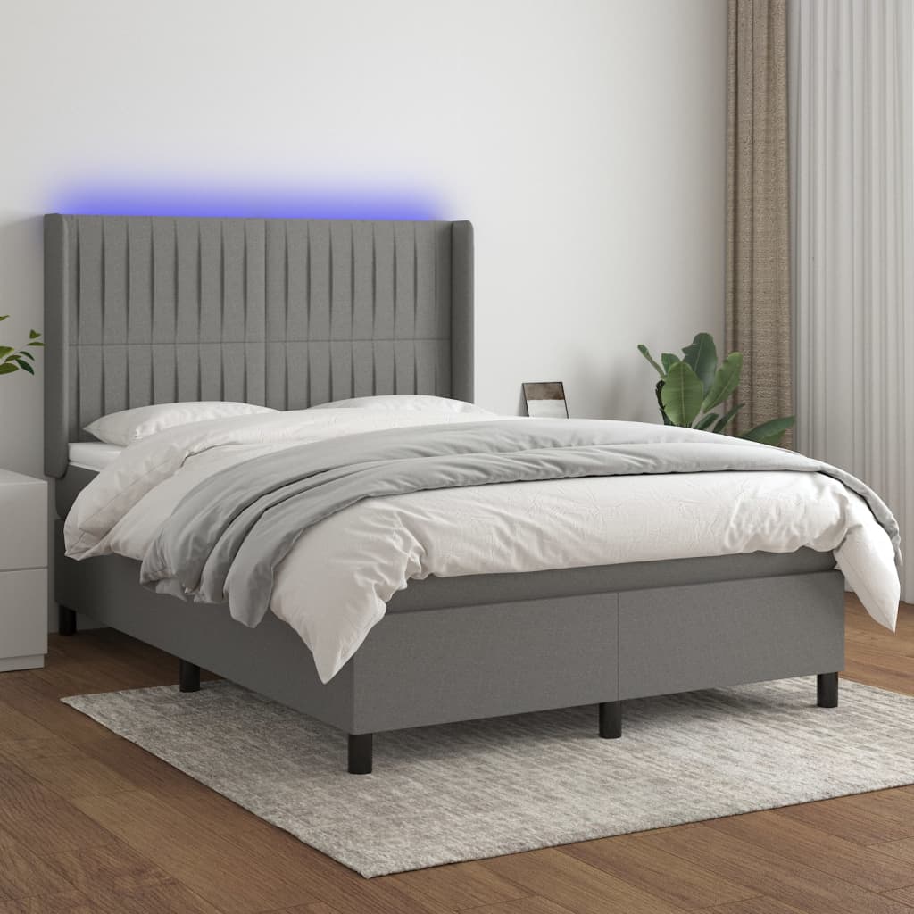 Cama box spring c/ colchão e LED 140x190 cm tecido cinza-escuro