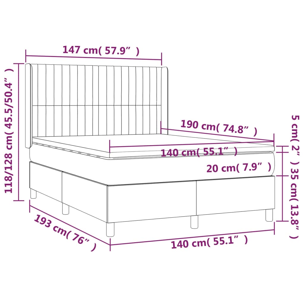 Cama box spring c/ colchão e LED 140x190 cm tecido preto