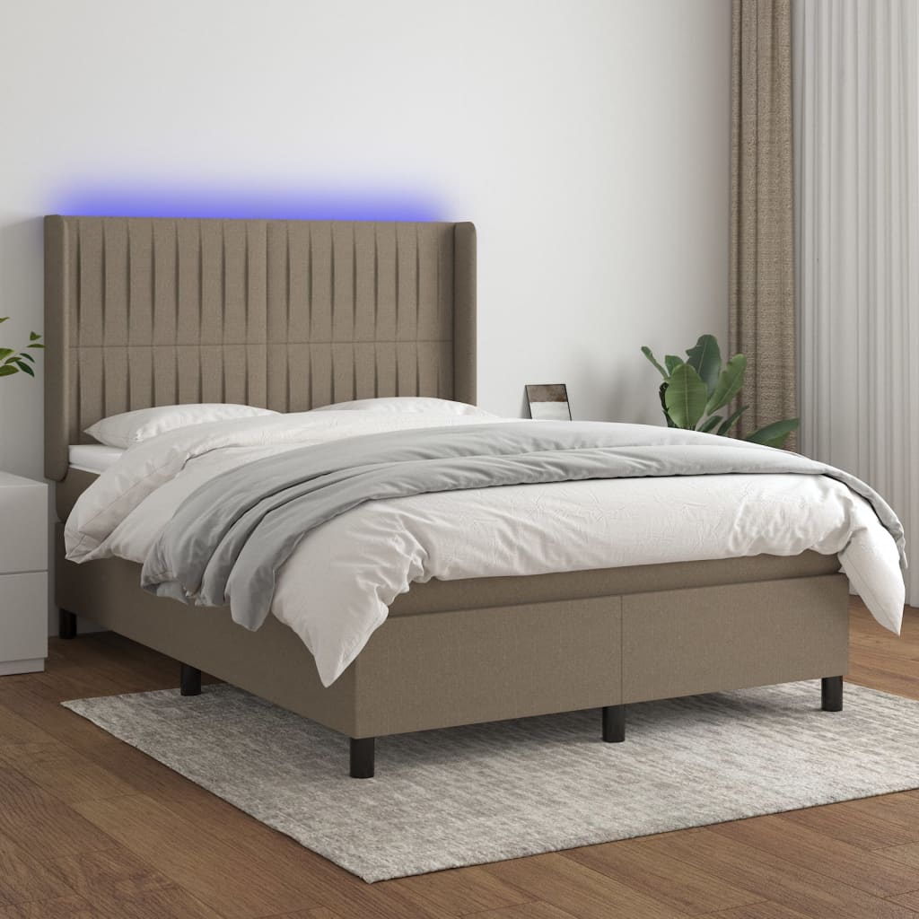 Cama box spring colchão/LED 140x200 cm tecido cinza-acastanhado