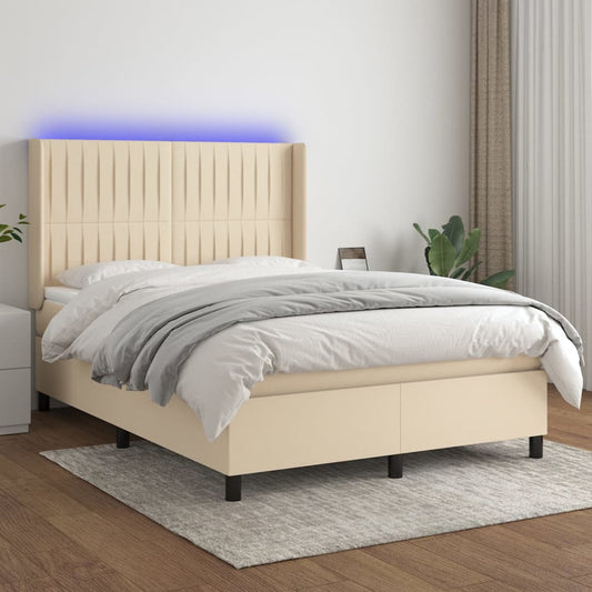 Cama box spring c/ colchão e LED 140x200 cm tecido cor creme